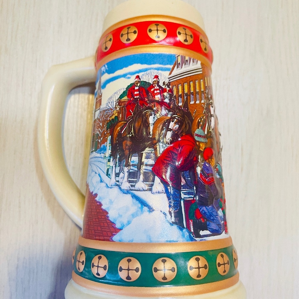 Budweiser Beer Holiday Stein Mug Christmas Clydesdale Horse Hometown Snowman Cup
